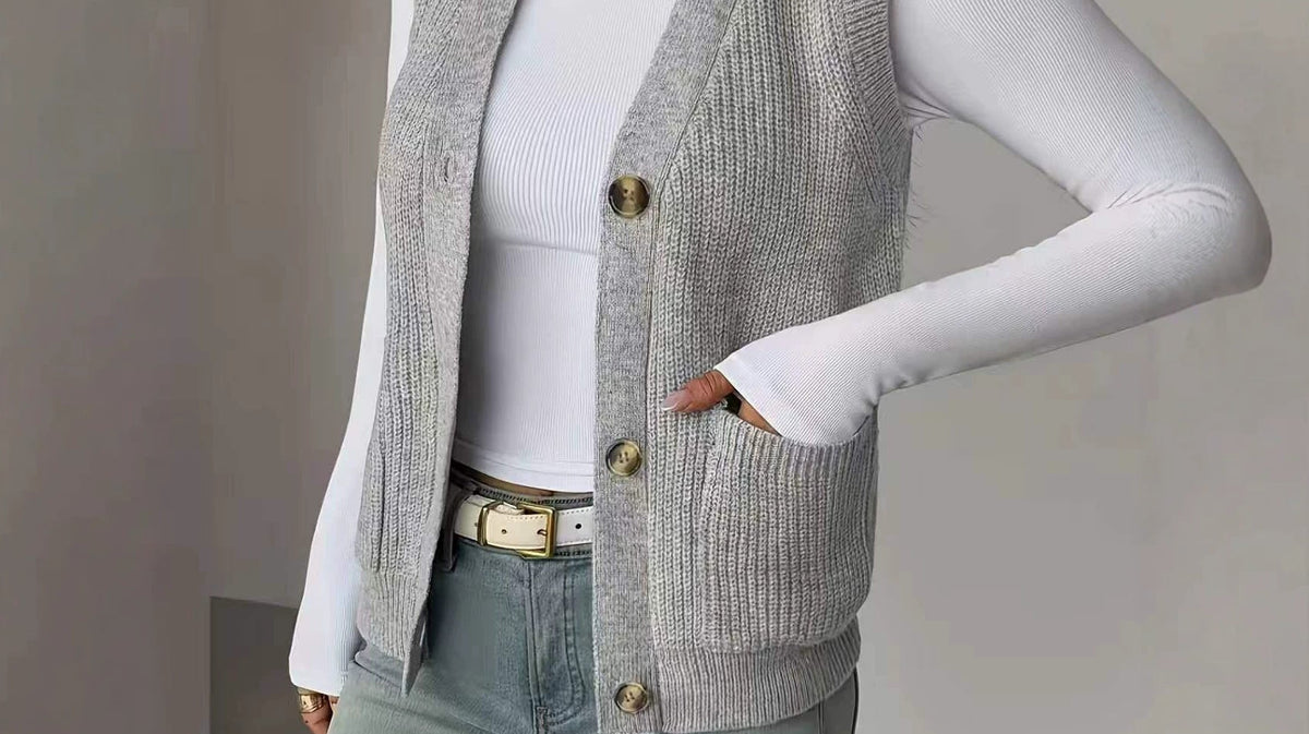 Knit sweater vest with a button front, an easy fall layering piece
