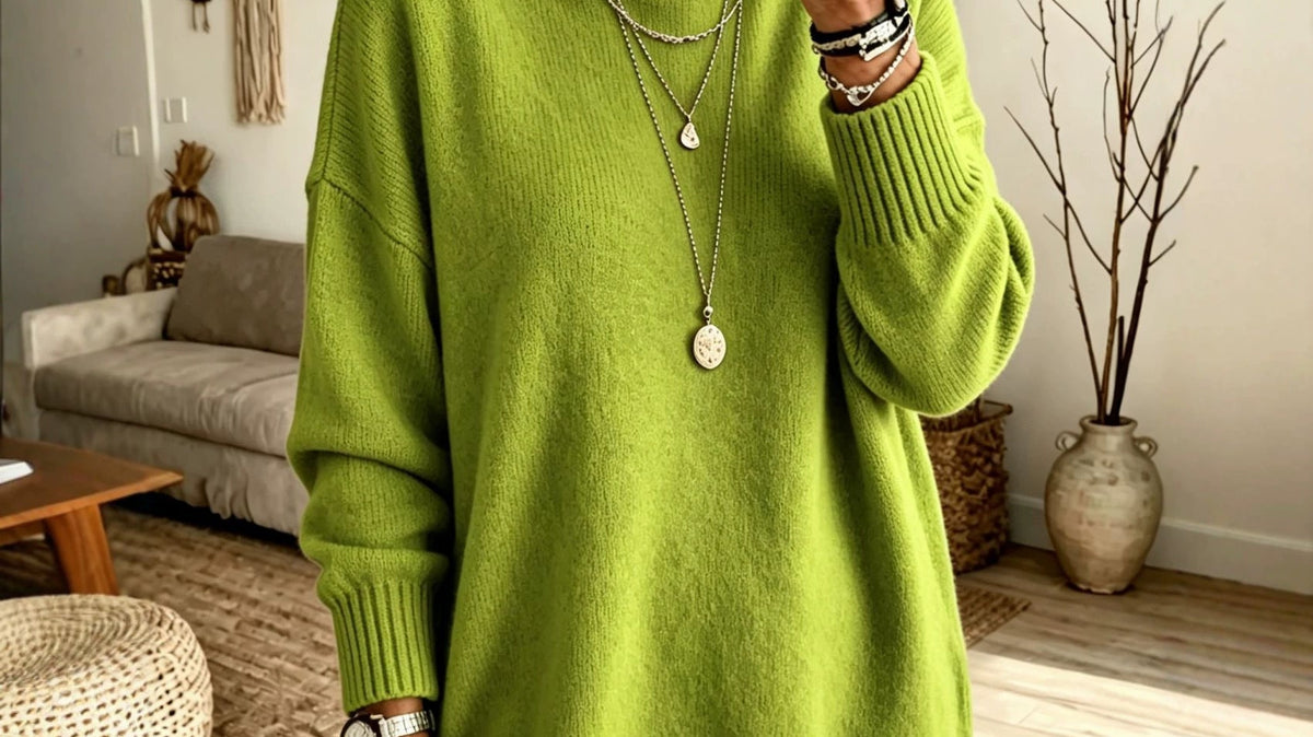 Woman wearing a loose turtleneck knit sweater