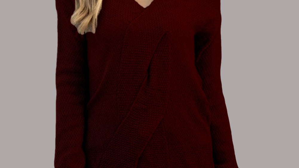 Woman wearing a V-neck knit pullover sweater