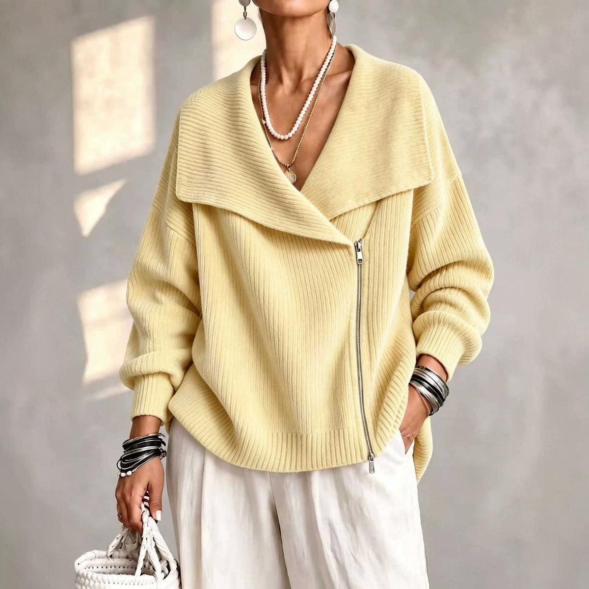 Notch-Collar Double-Zip Knit Cardigan by Nue Haven