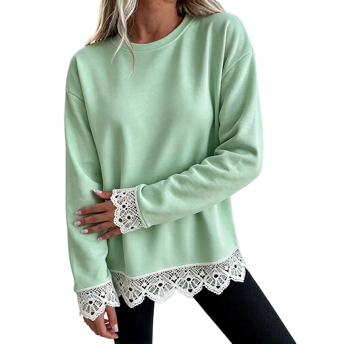 Lace-Panel Round-Neck Long-Sleeve Top, view 5