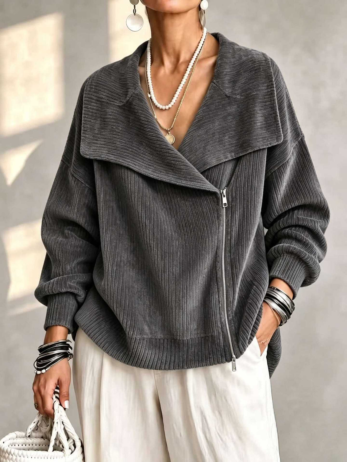 Notch-Collar Double-Zip Knit Cardigan in Dark Gray