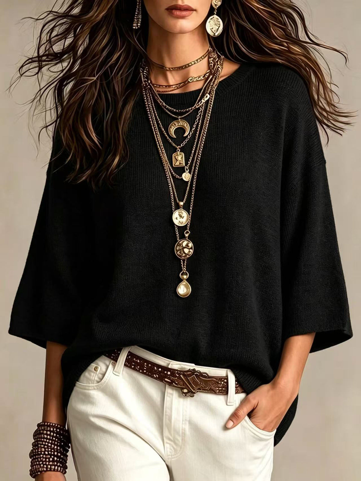 Drop-Shoulder Crewneck Knit Sweater in Black
