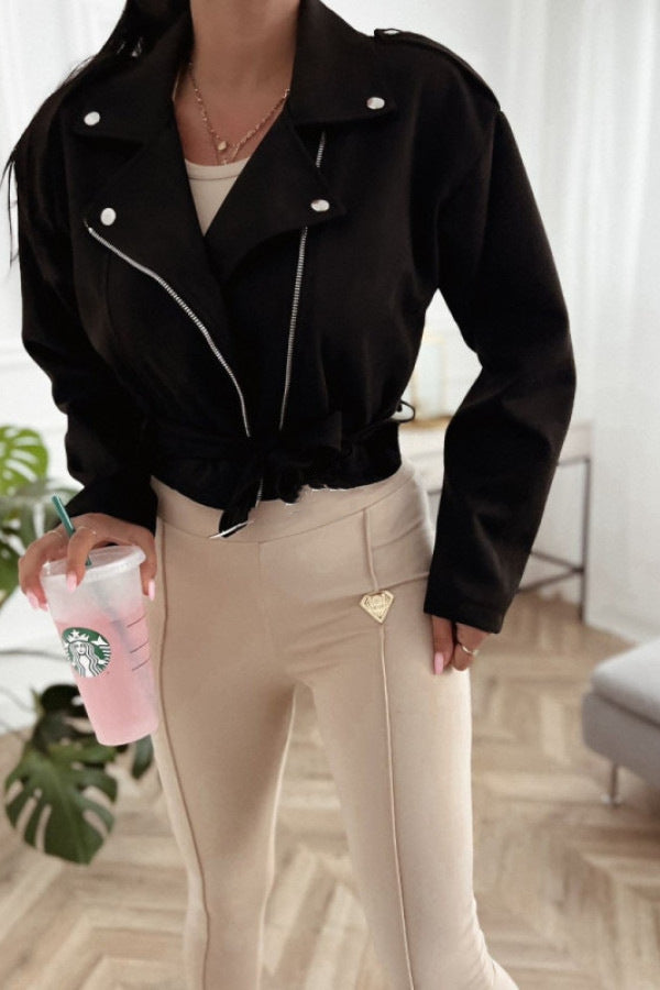 Faux Suede Lapel Zip Jacket in Black