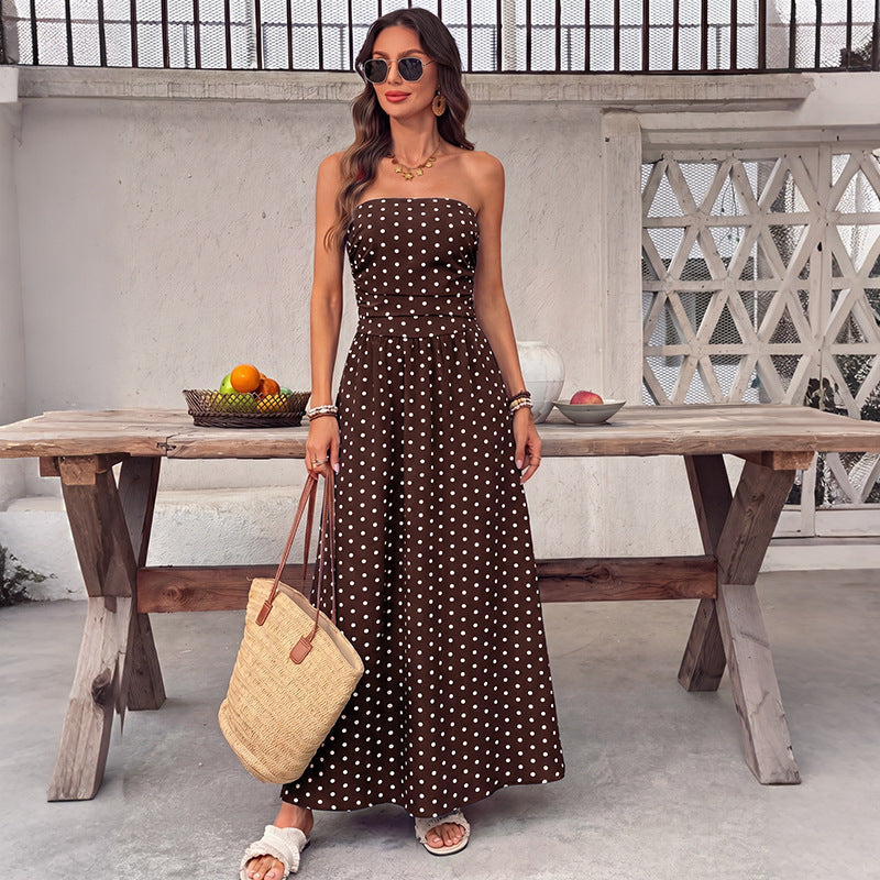 Polka Dot Strapless Maxi Dress in Brown