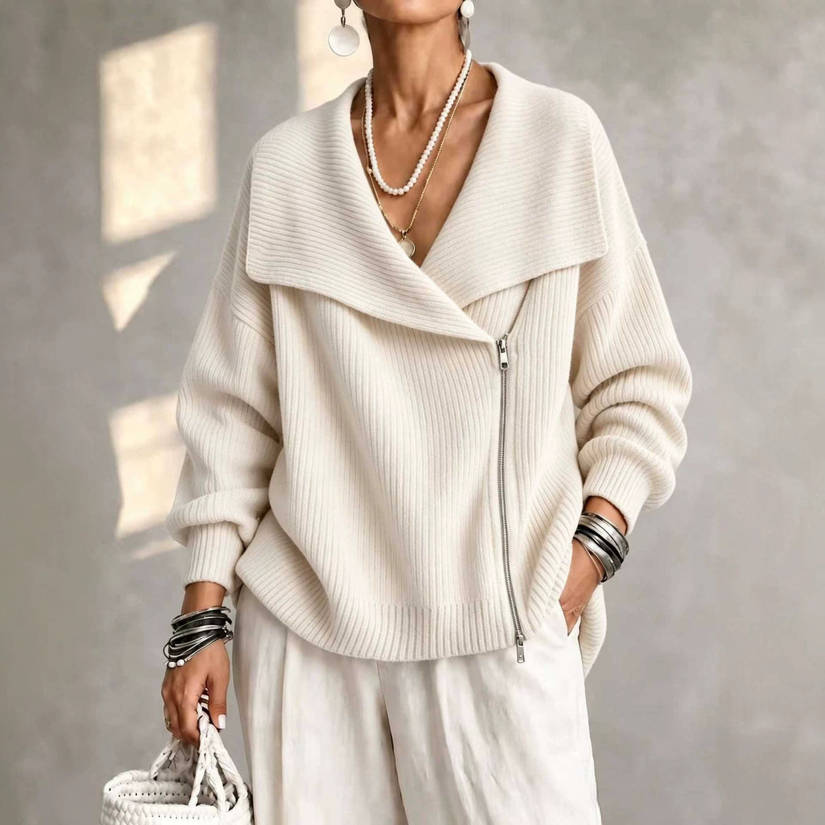 Notch-Collar Double-Zip Knit Cardigan, view 4