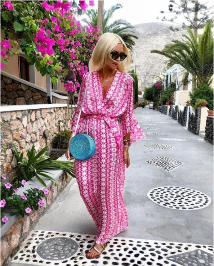 Boho Print Flare-Sleeve Maxi Dress in Pink