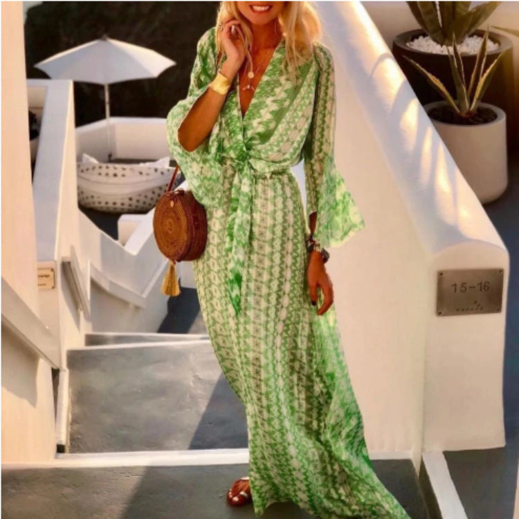 Boho Print Flare-Sleeve Maxi Dress by Nue Haven