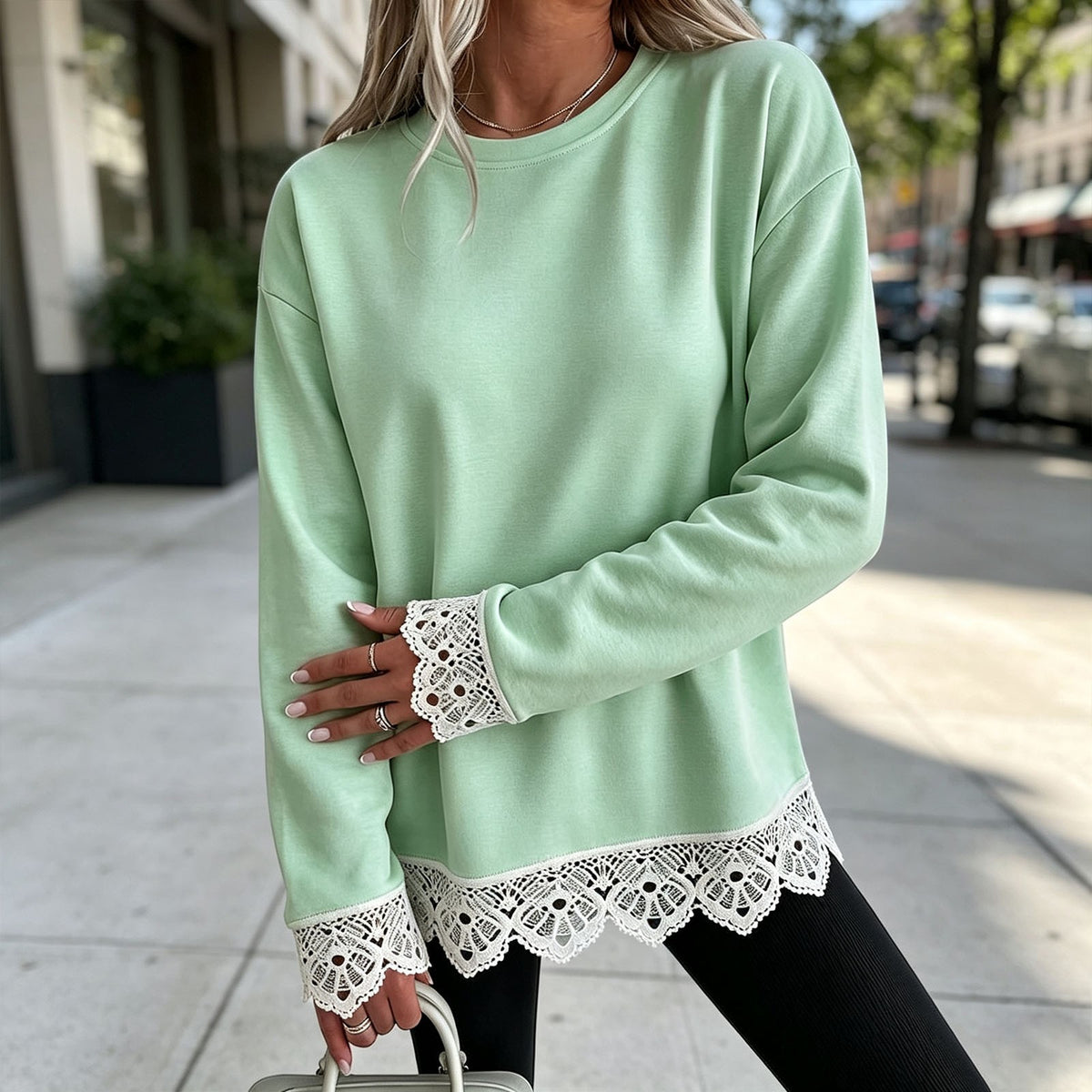 Lace-Panel Round-Neck Long-Sleeve Top in Light Green