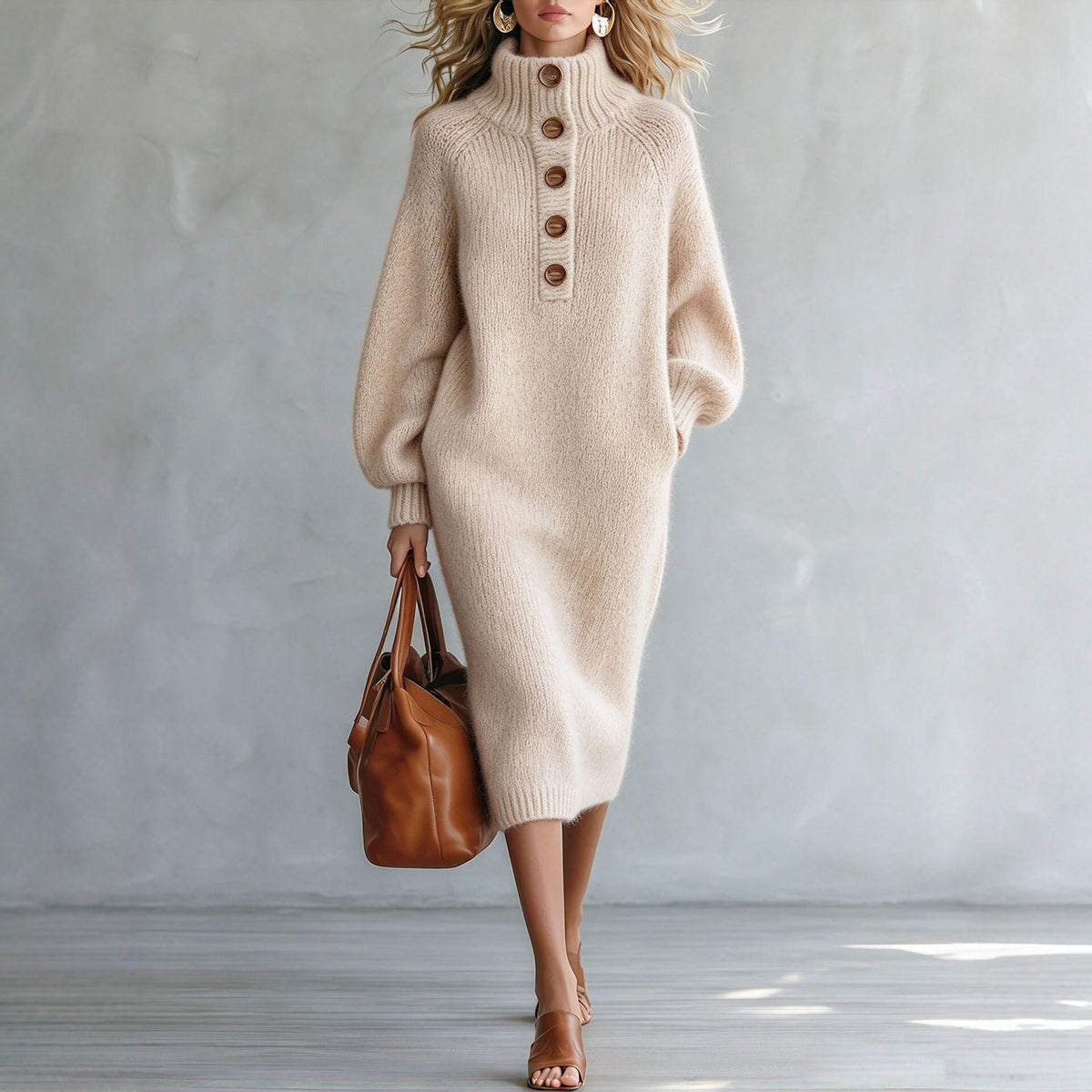 Turtleneck Button-Detail Knit Dress, view 4