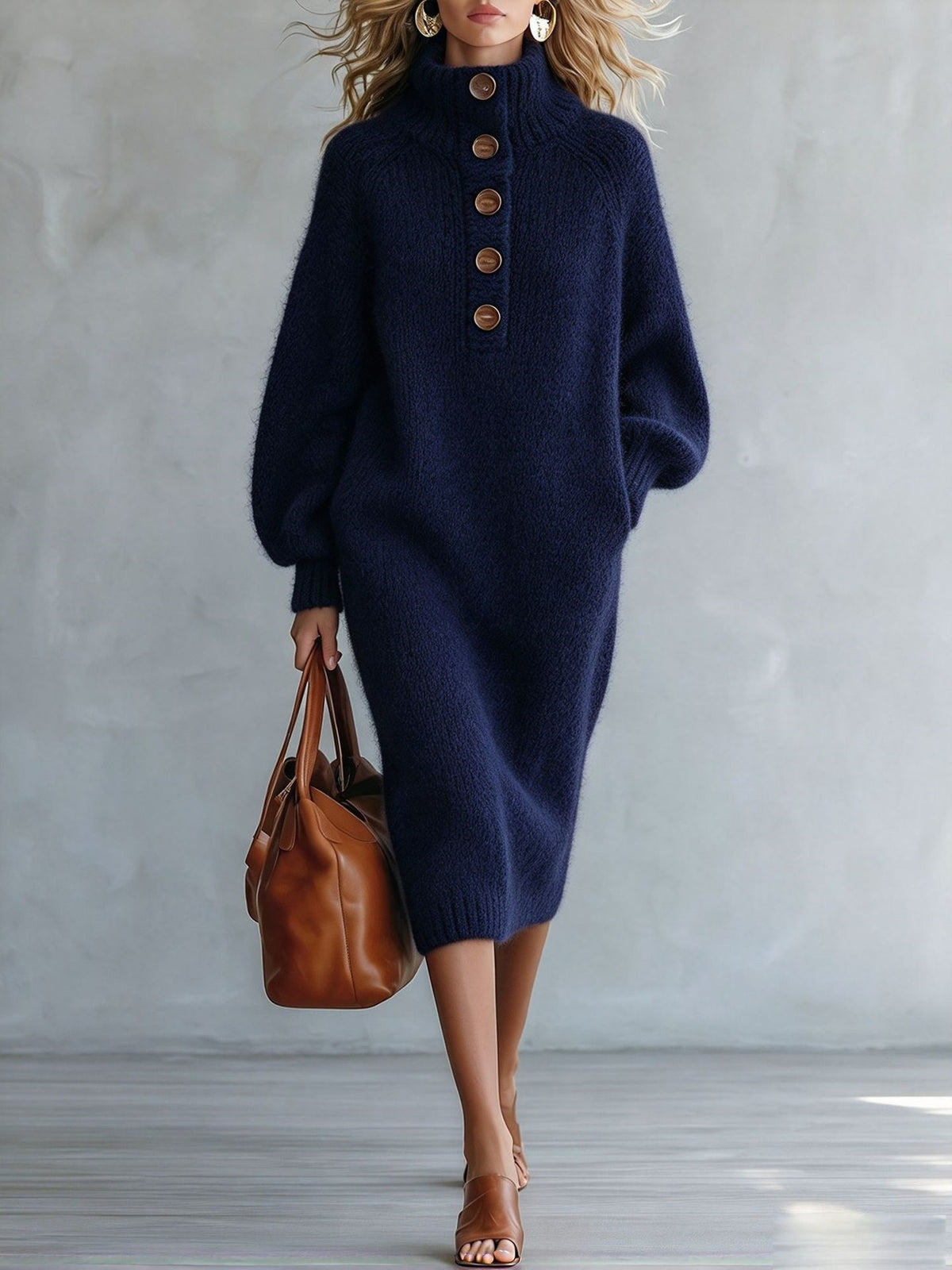 Turtleneck Button-Detail Knit Dress in Navy Blue