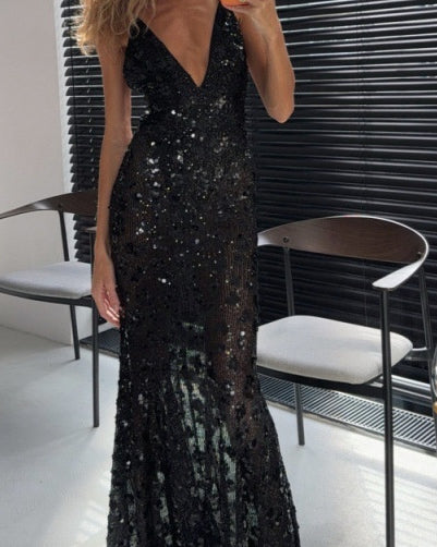 Deep V-Neck Sequin Evening Gown by Nue Haven