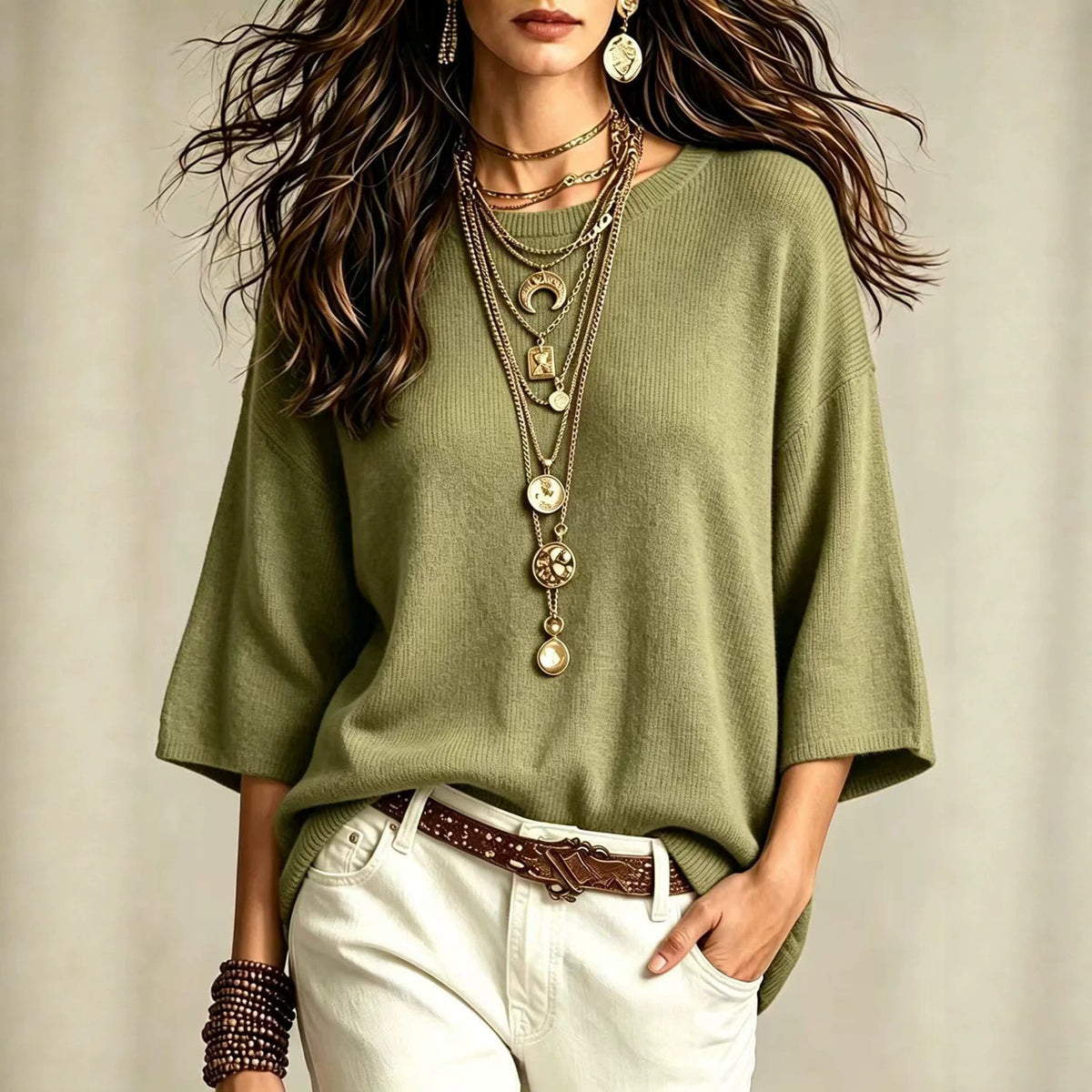 Drop-Shoulder Crewneck Knit Sweater, view 3