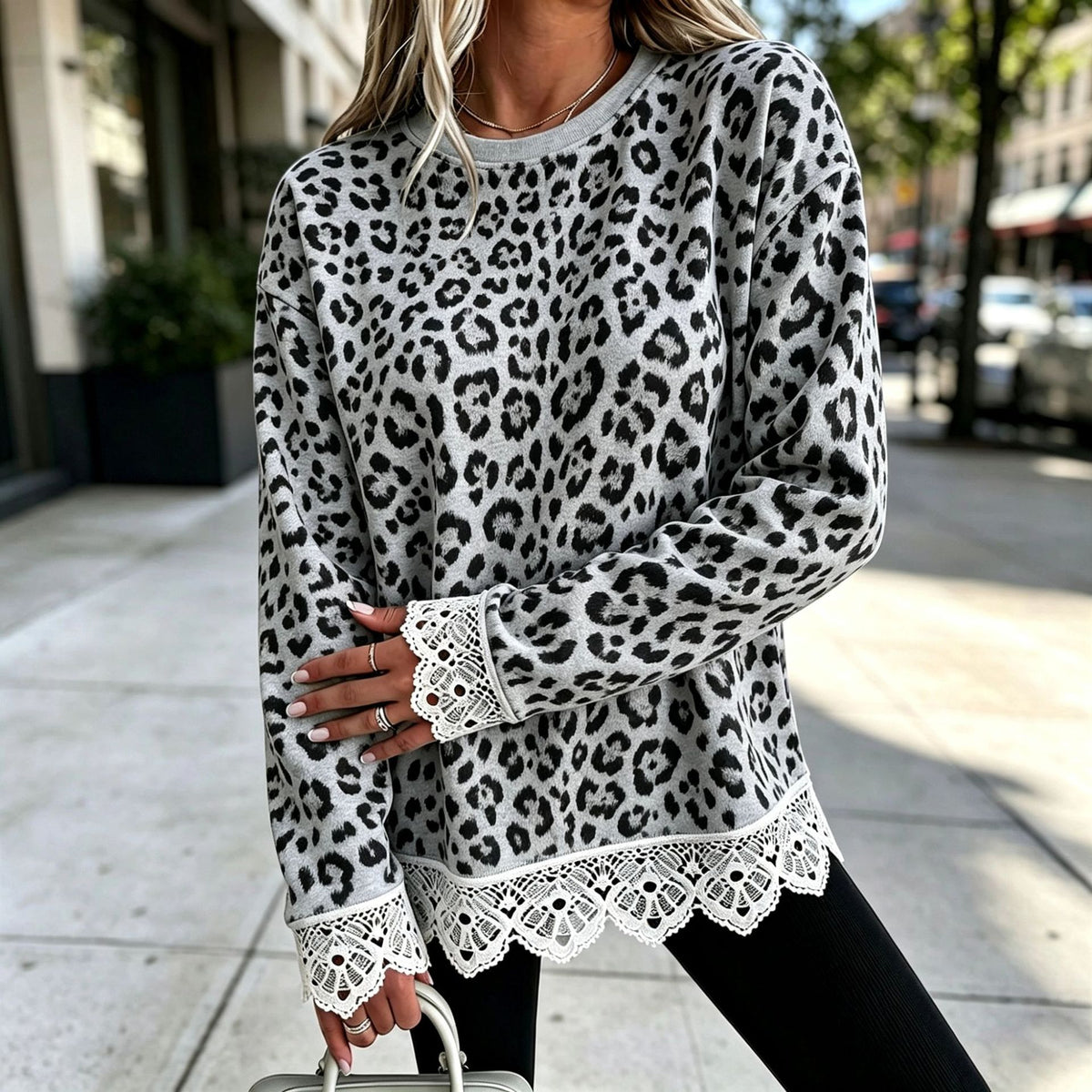 Lace-Panel Round-Neck Long-Sleeve Top in Leopard 2