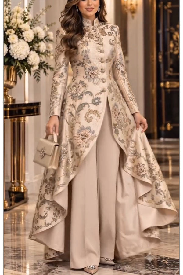 Printed Jacket and Wide-Leg Pants Set in Apricot