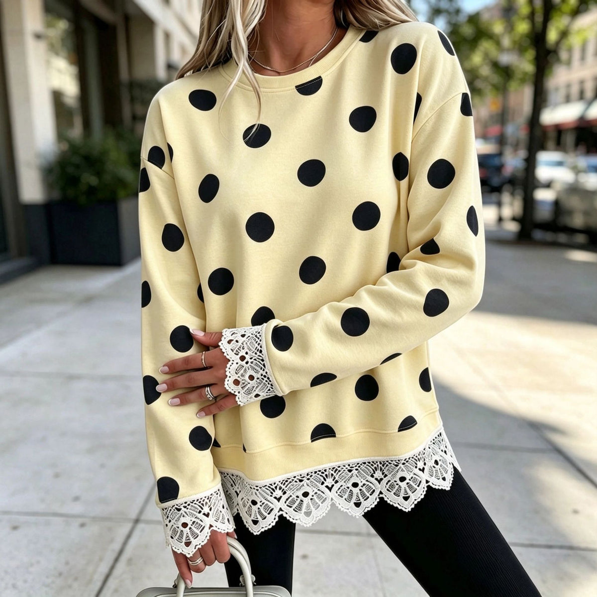 Lace-Panel Round-Neck Long-Sleeve Top in Polka Dot 4