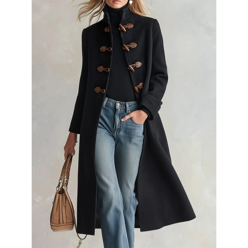 Stand-Collar Long Trench Coat in Black
