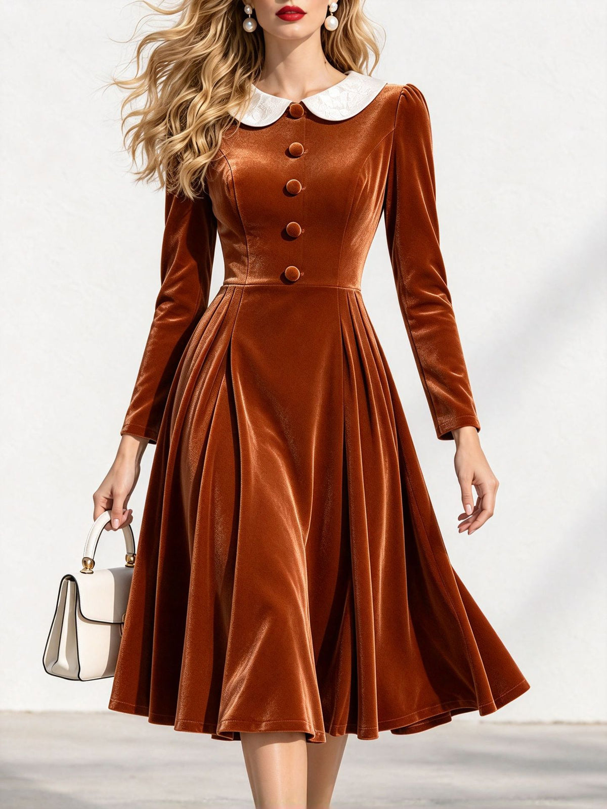 Cinched-Waist Flared Velvet Midi Dress in Caramel
