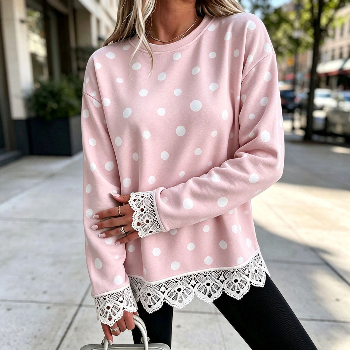 Lace-Panel Round-Neck Long-Sleeve Top in Polka Dot 7