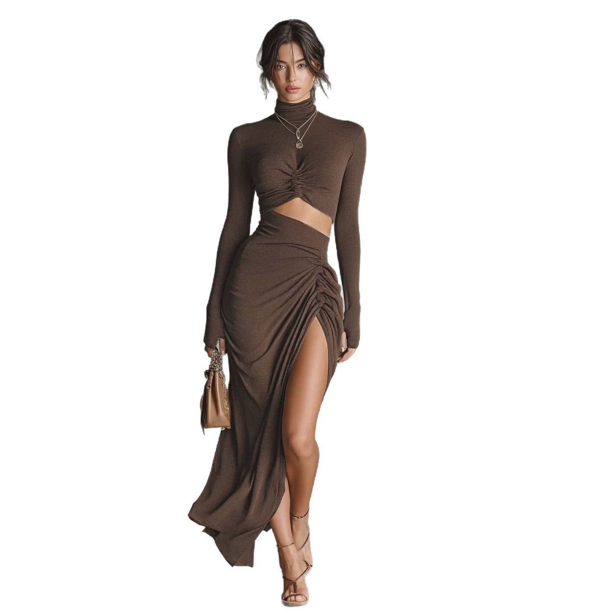 Pleated Knit Long-Sleeve Dress, view 5