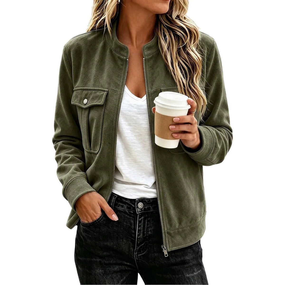 Faux Suede Stand-Collar Zip Jacket, view 5