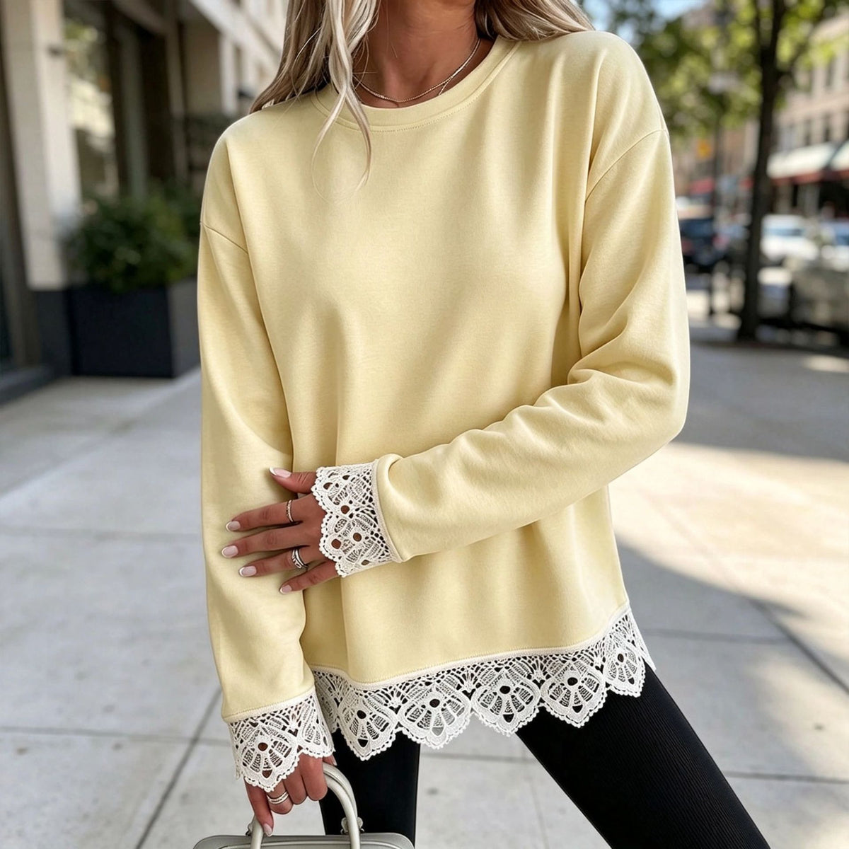 Lace-Panel Round-Neck Long-Sleeve Top in Yellow