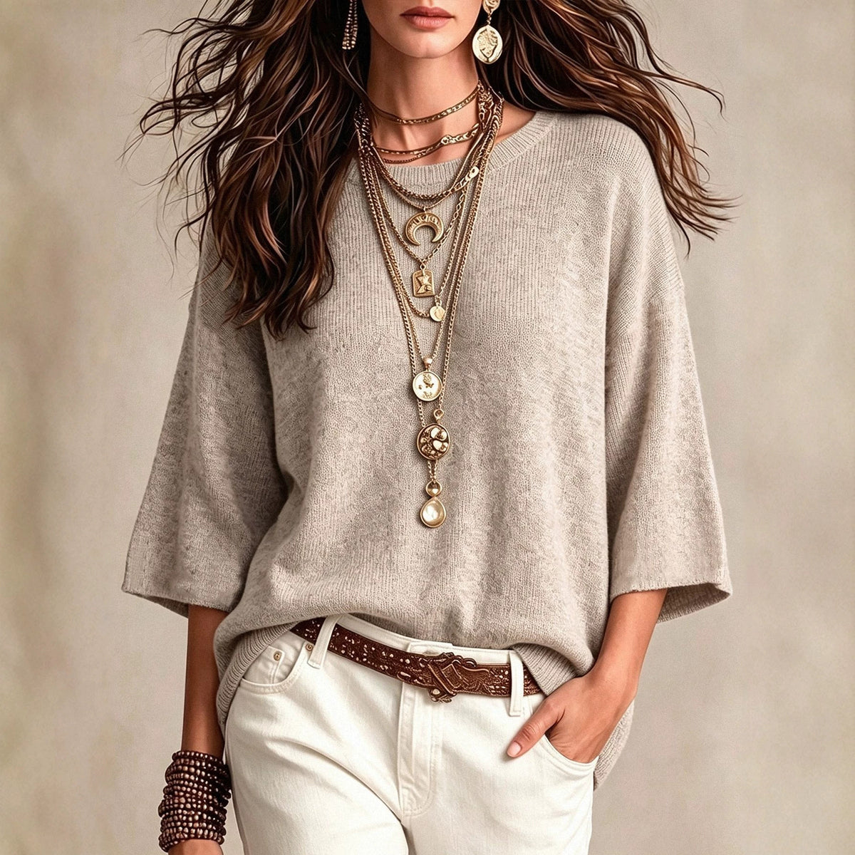 Drop-Shoulder Crewneck Knit Sweater, view 2