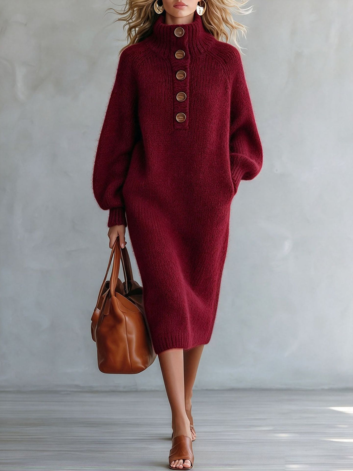 Turtleneck Button-Detail Knit Dress in Wine Red