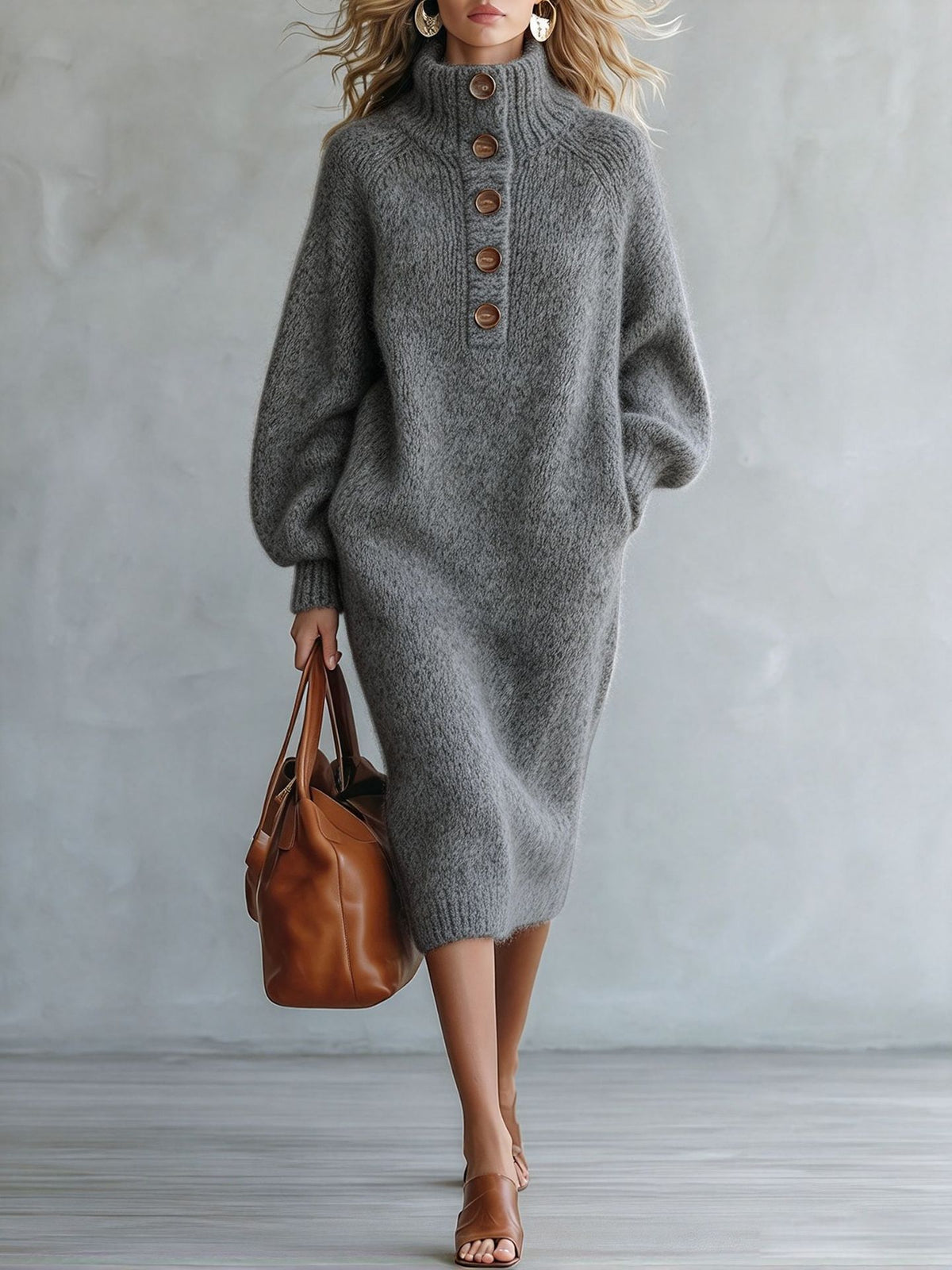 Turtleneck Button-Detail Knit Dress in Gray