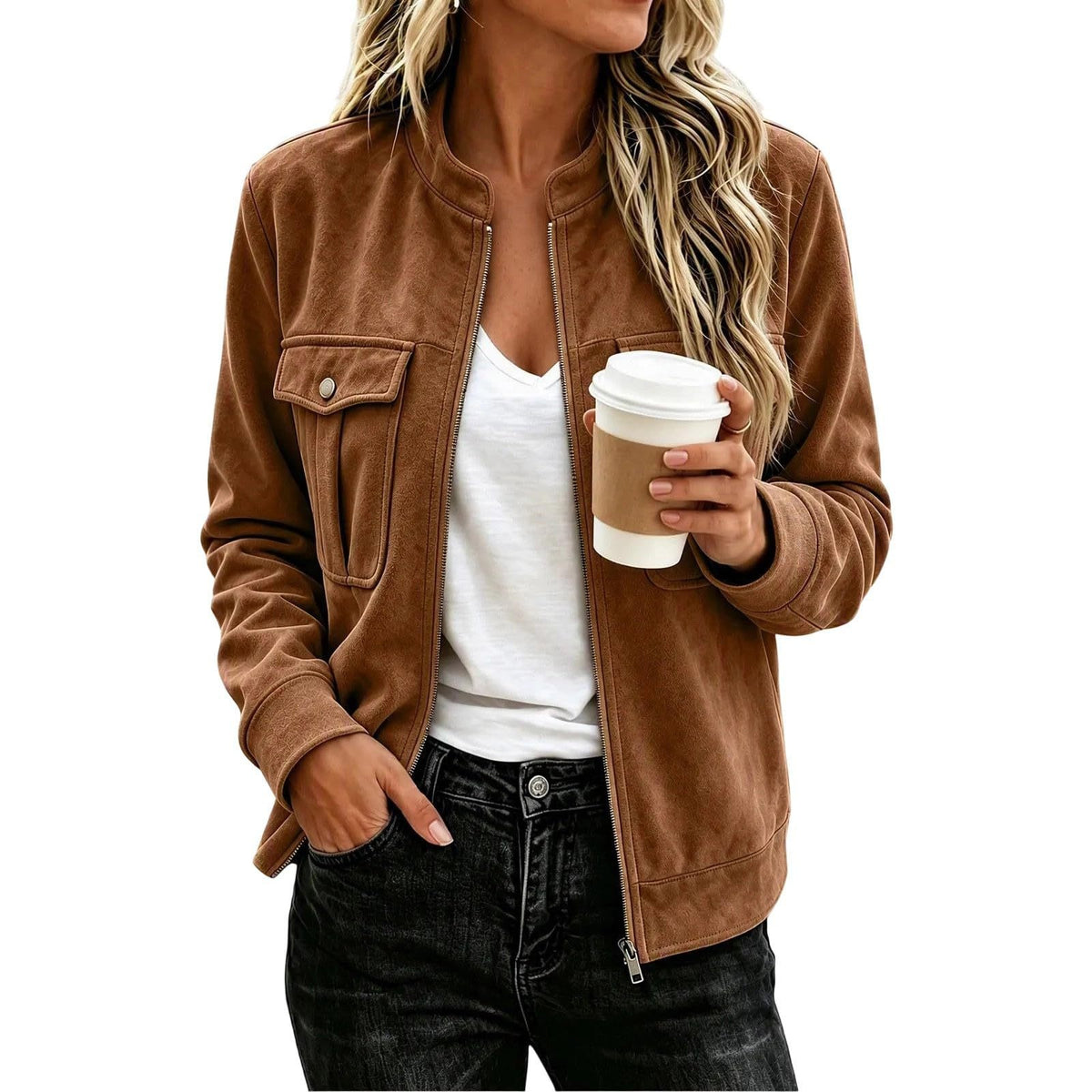 Faux Suede Stand-Collar Zip Jacket in Brown