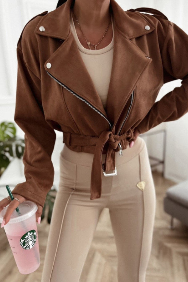 Faux Suede Lapel Zip Jacket in Khaki