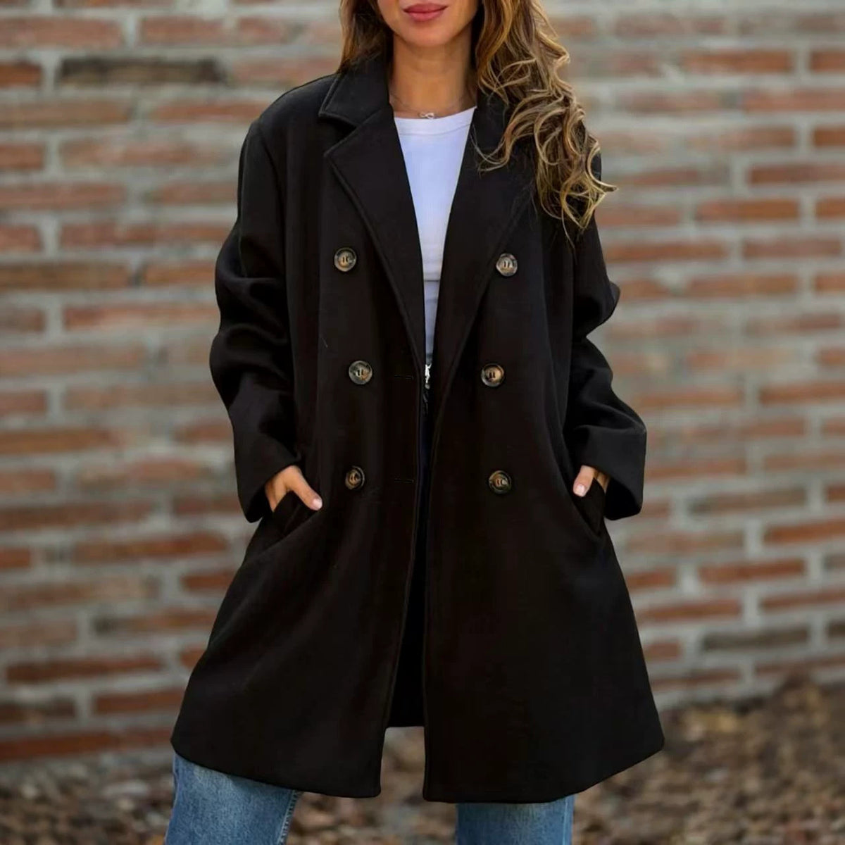 Long Lapel Double-Breasted Coat in Black