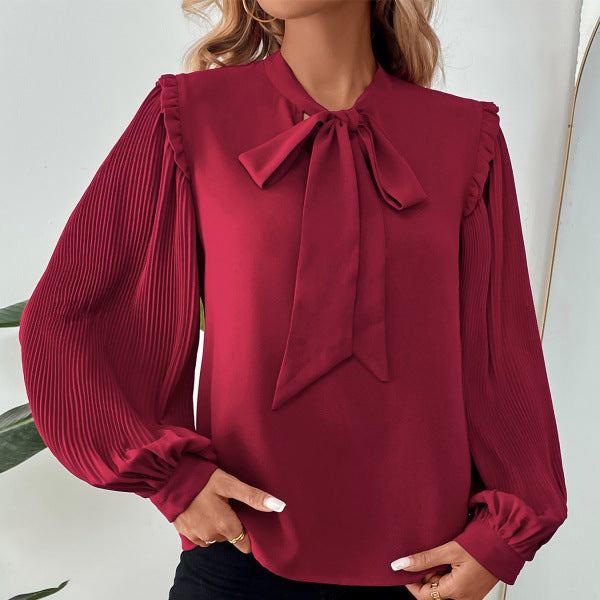 β¨ Chic Pleated Long Sleeve Blouse Burgundy Tie Neck Elegant Fall Top β¨