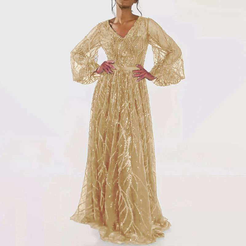 Sequin Fringe V-Neck Maxi Dress in Gold