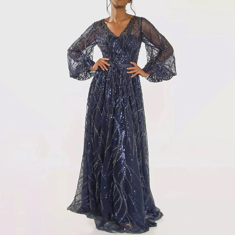Sequin Fringe V-Neck Maxi Dress in Navy Blue
