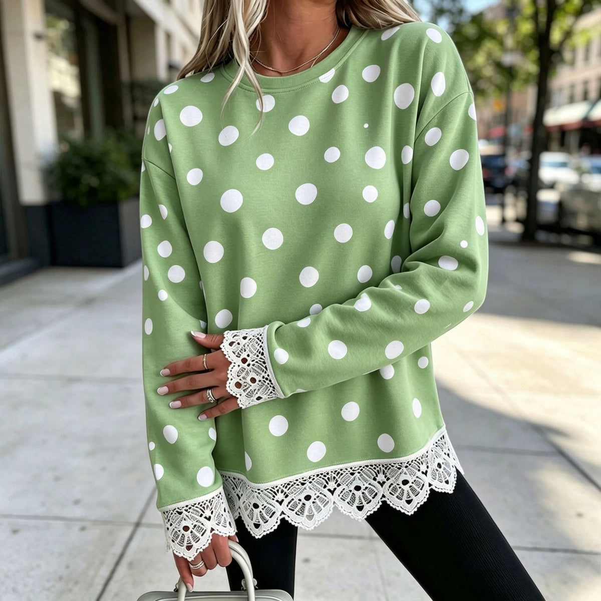 Lace-Panel Round-Neck Long-Sleeve Top in Polka Dot 6