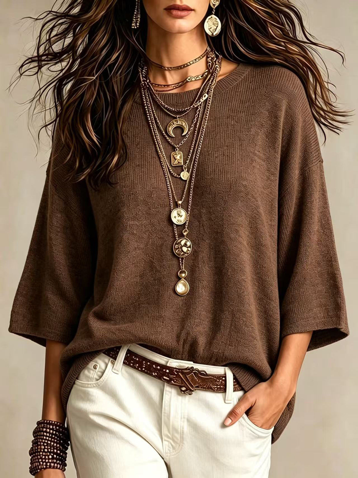 Drop-Shoulder Crewneck Knit Sweater in Brown