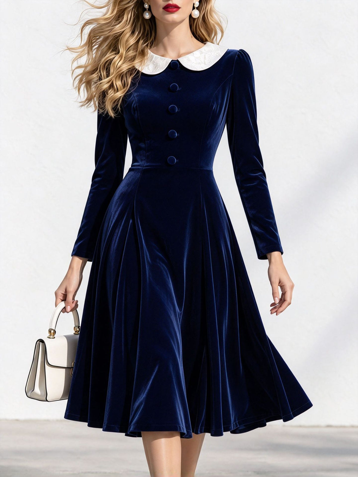Cinched-Waist Flared Velvet Midi Dress in Navy Blue
