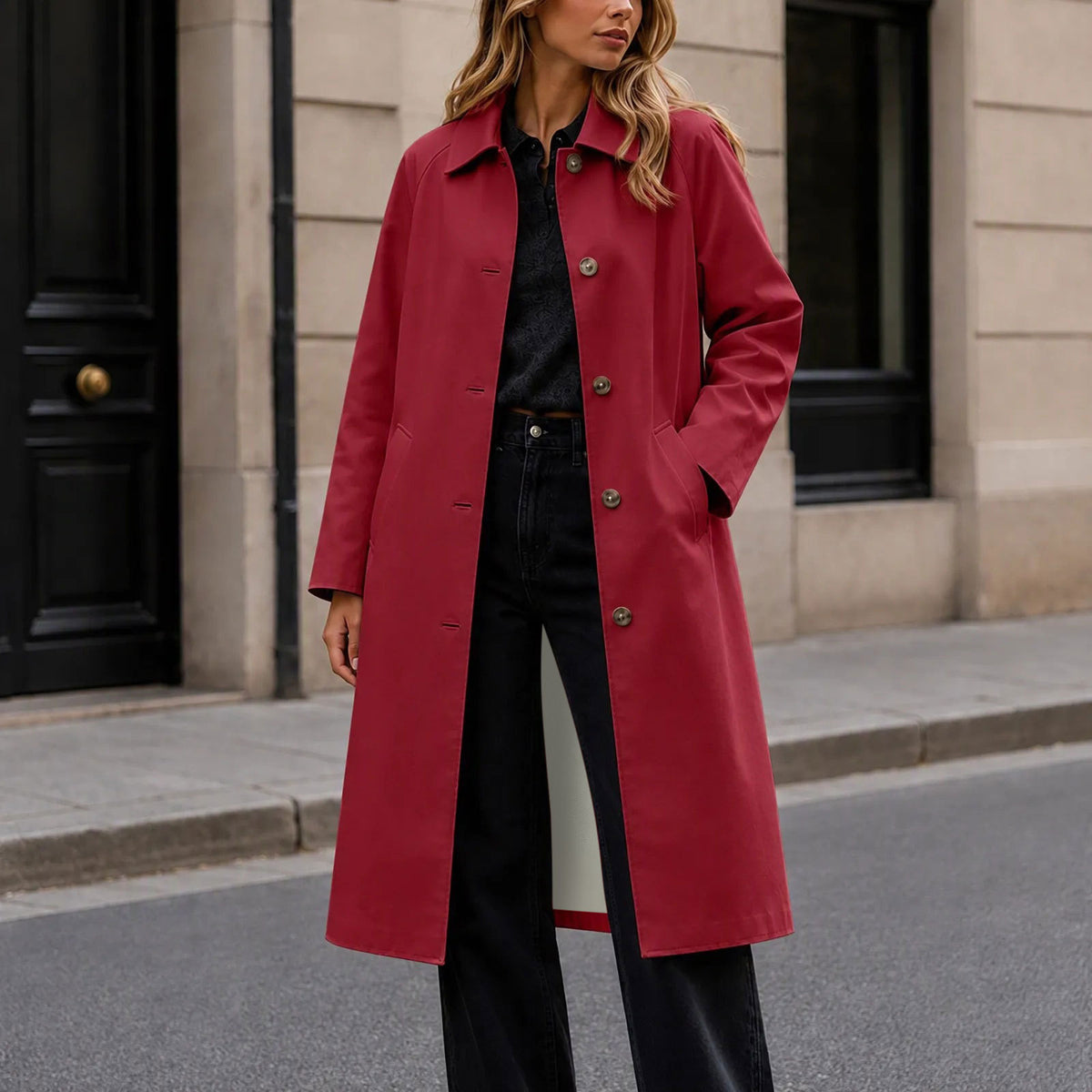 Mid-Length Notch-Collar Button Coat in Red