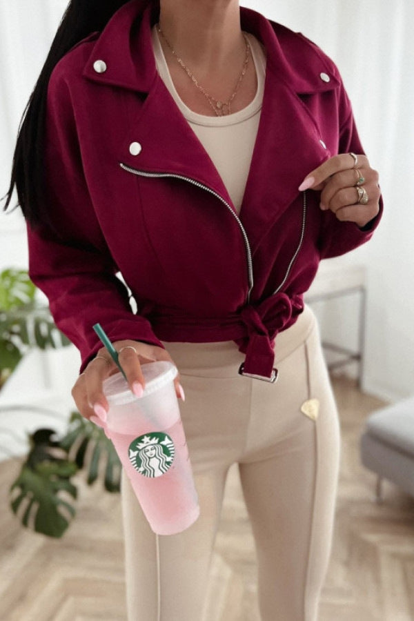 Faux Suede Lapel Zip Jacket in Wine Red
