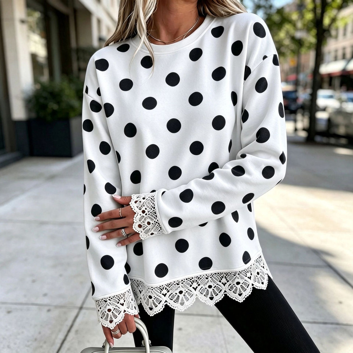 Lace-Panel Round-Neck Long-Sleeve Top in Polka Dot 3