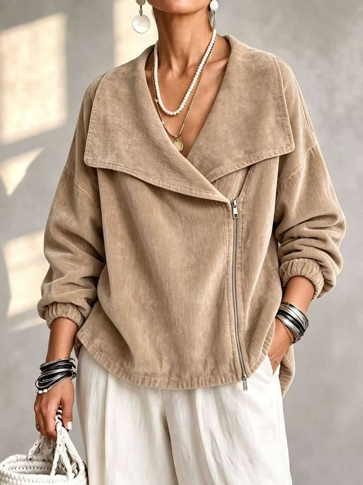 Notch-Collar Double-Zip Knit Cardigan in Khaki