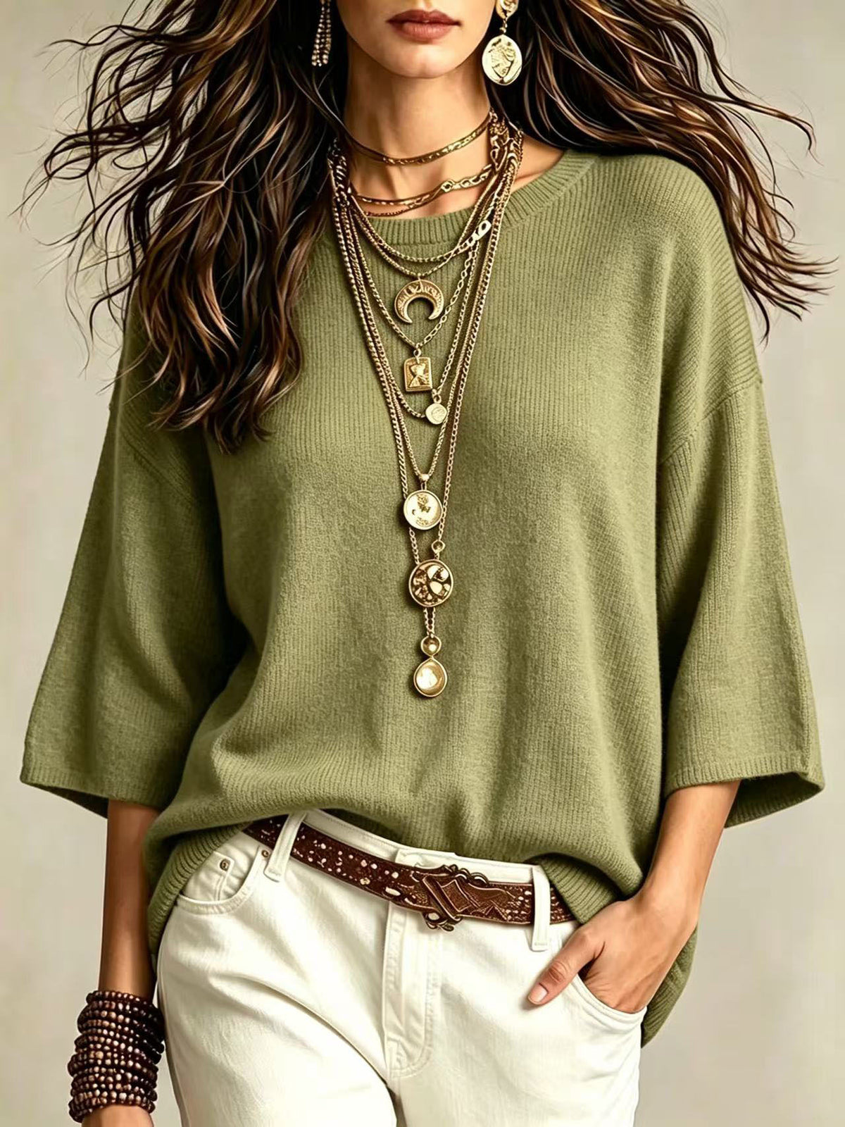 Drop-Shoulder Crewneck Knit Sweater in Olive