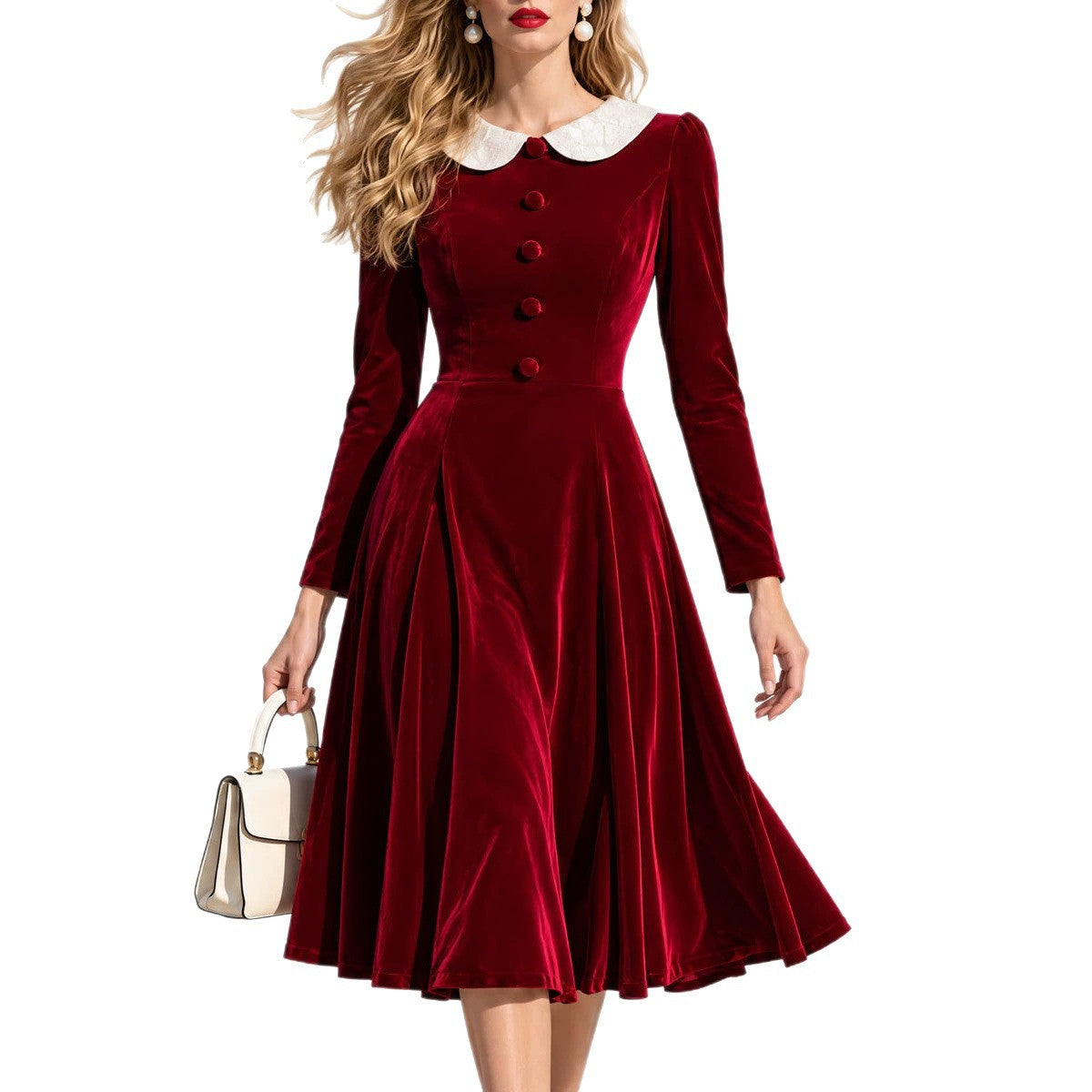 Cinched-Waist Flared Velvet Midi Dress, view 5