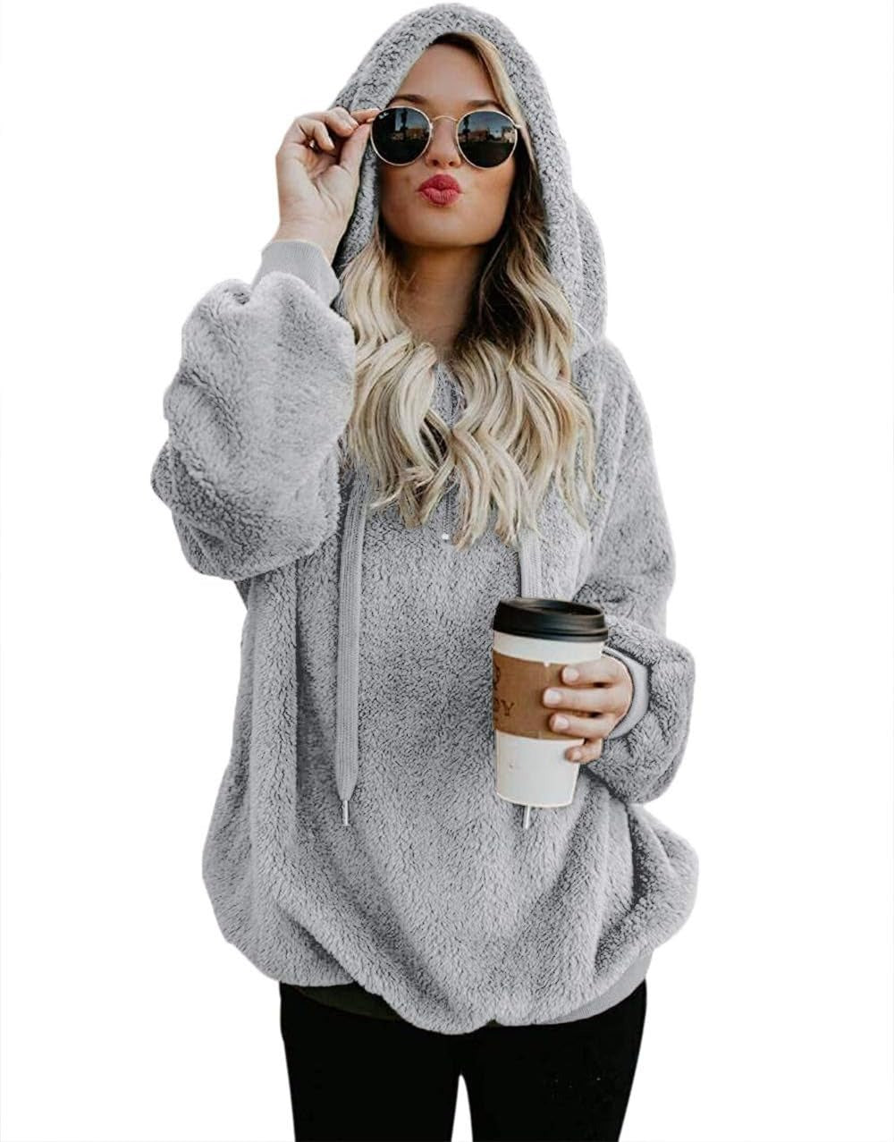 Zip-Detail Pullover Hoodie in Light Gray