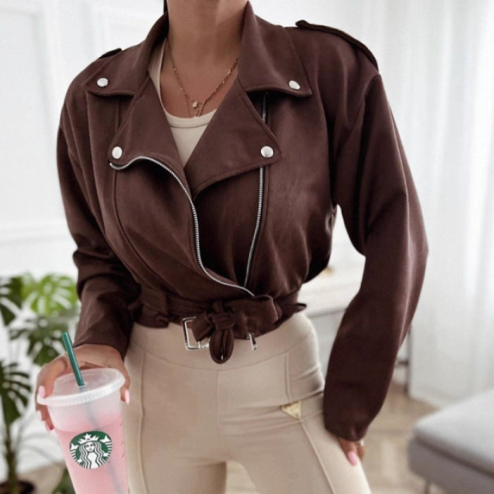 Faux Suede Lapel Zip Jacket, view 2