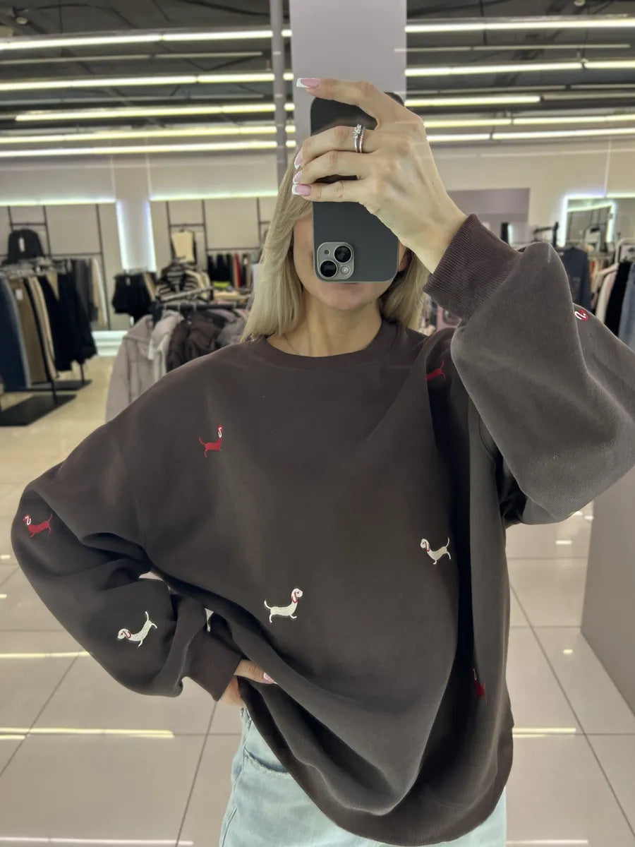 Puppy Print Crewneck Sweatshirt in Dark Gray