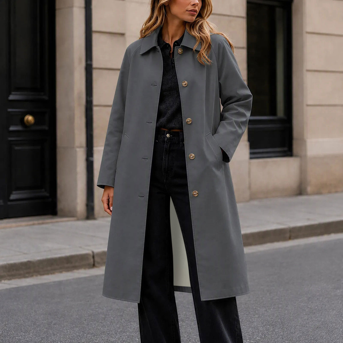 Mid-Length Notch-Collar Button Coat in Dark Gray