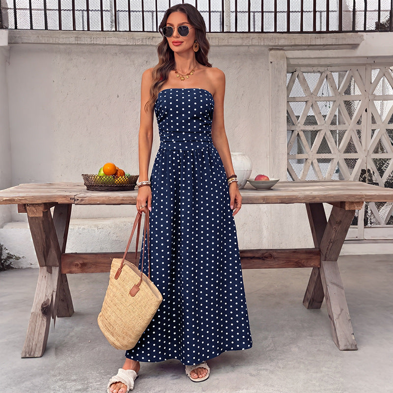 Polka Dot Strapless Maxi Dress in Navy Blue