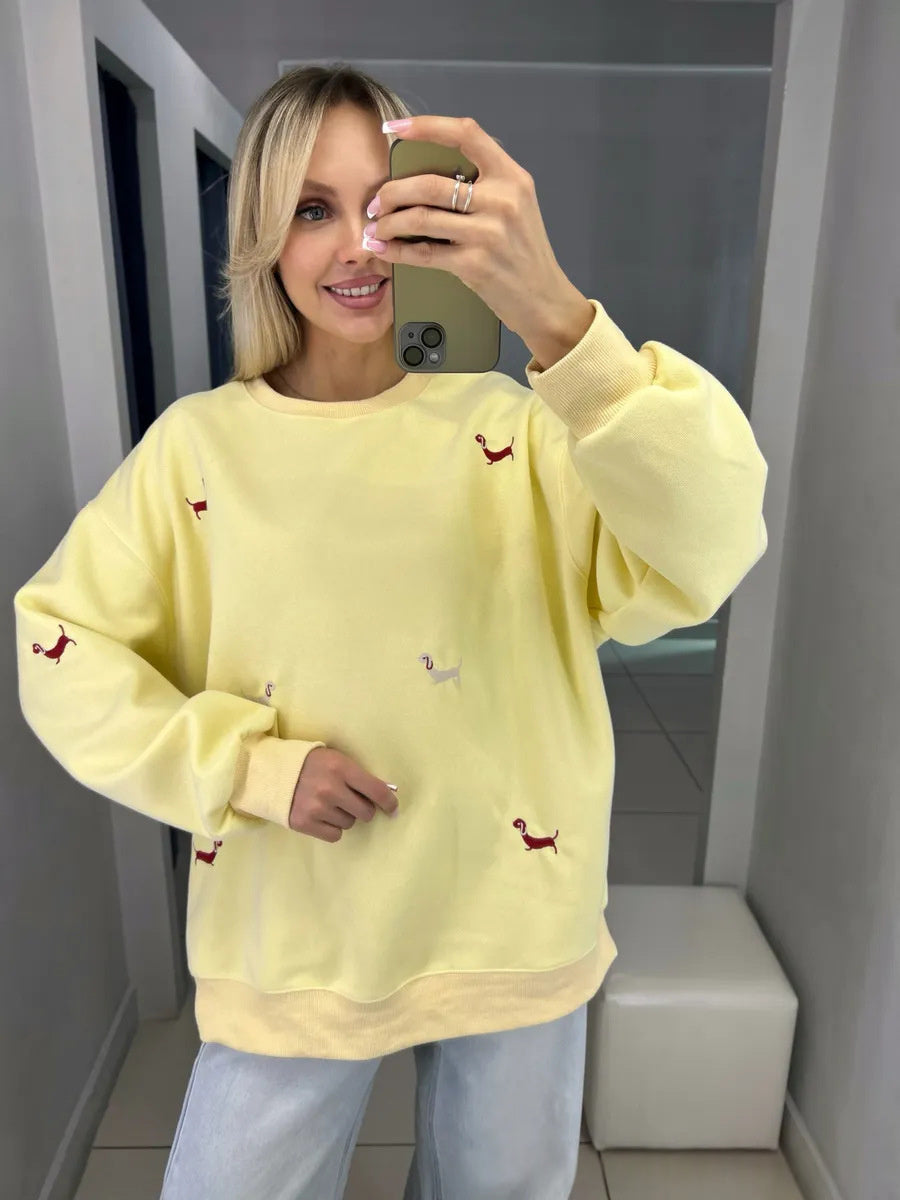 Puppy Print Crewneck Sweatshirt in Light Yellow